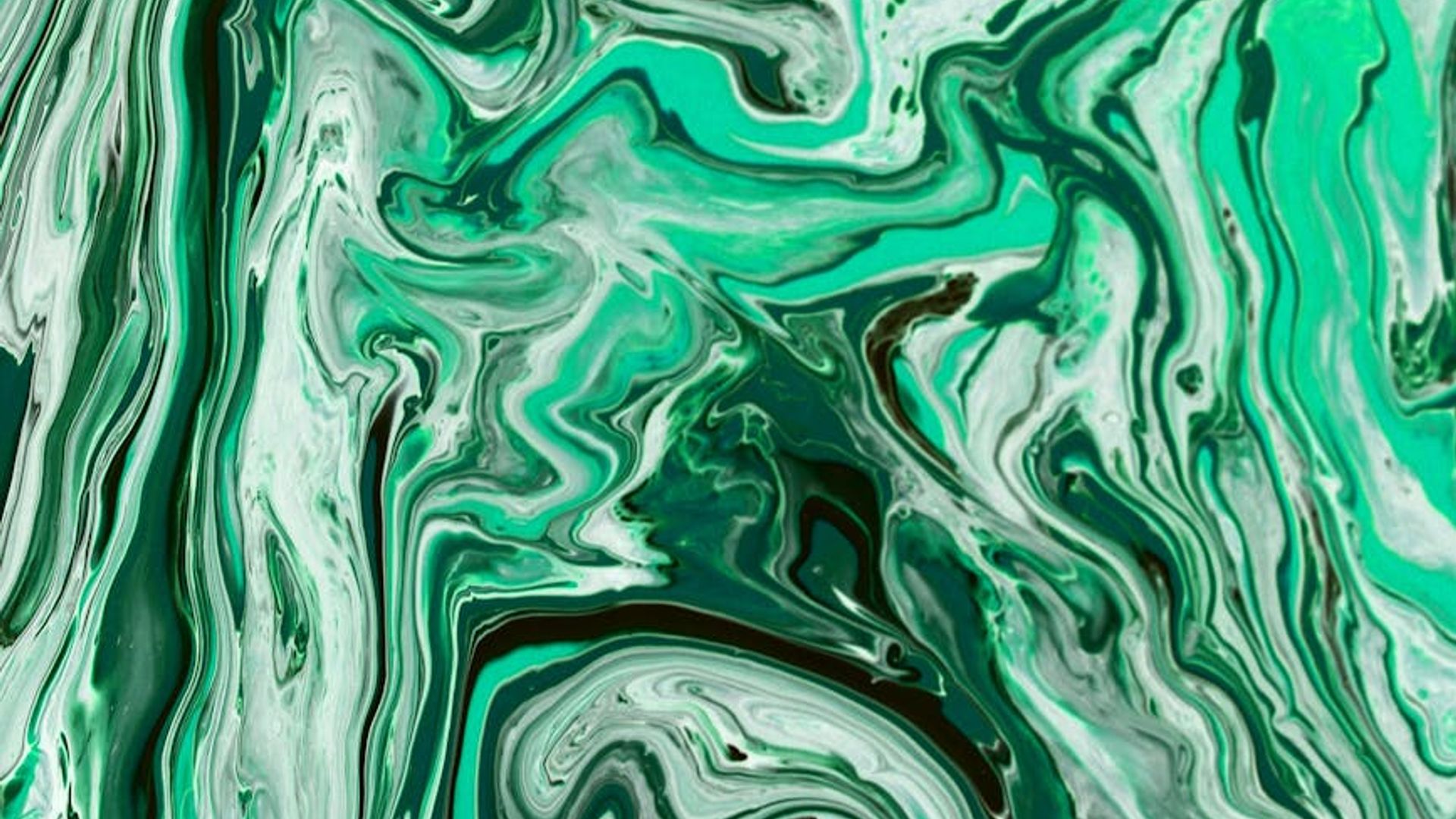 Abstract flowing lines of mint green light on a dark background.